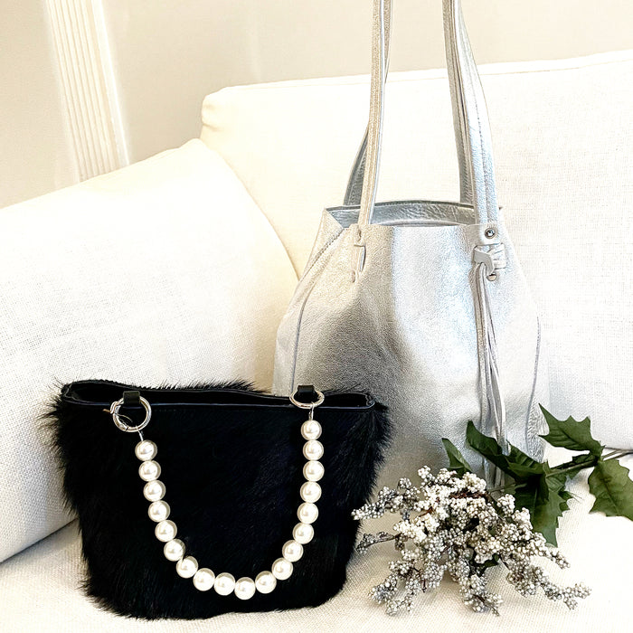 fur bracelet handbag casual or dressy with pearl handle; dress up or dress down; lara b designs handcrafted leather goods